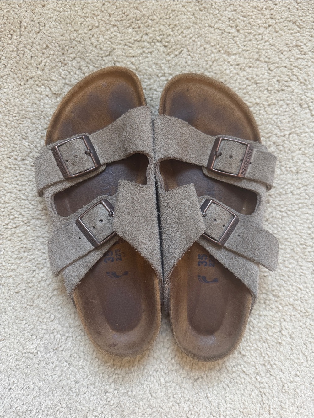 Birkenstock Women’s Suede Double-Buckle Sandals in Taupe size 35 narrow